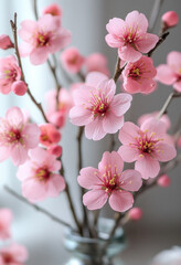 Obraz premium Delicate pink cherry blossoms in full bloom on slender branches create serene and beautiful display in glass vase, evoking sense of tranquility and renewal