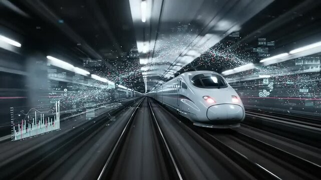 High-speed train traveling through a futuristic tunnel, showcasing digital data overlays and motion blur