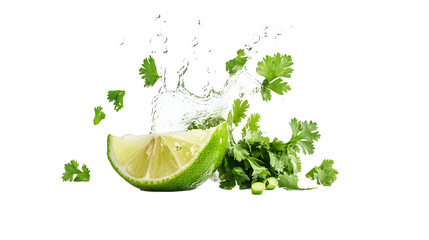Fresh lime slices and cilantro splashing in water, creating a vibrant culinary scene perfect for food photography