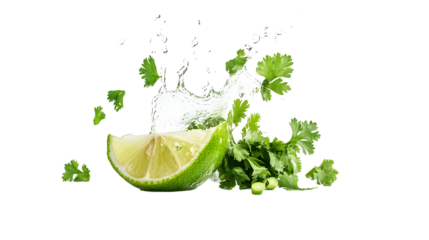 Fresh lime slices and cilantro splashing in water, creating a vibrant culinary scene perfect for food photography