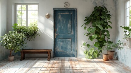 Fototapeta premium Inviting interior with rustic door and an array of potted plants and wooden bench