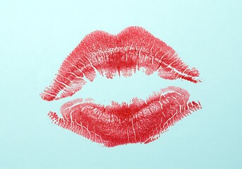 A bold red lipstick kiss mark is centered on a light blue background, creating a striking contrast and a sense of romance and allure