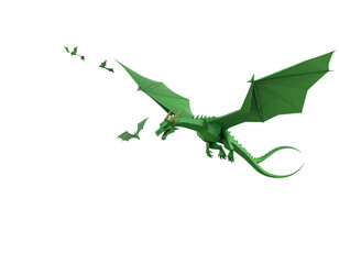 Obraz premium Green Low Poly Dragon In Flight Against Transparent Background