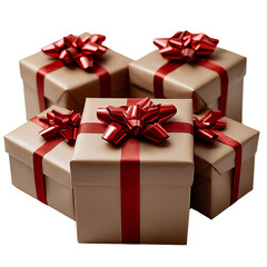 Obraz premium A group of gift boxes, wrapped in brown paper and tied with red ribbons on a transparent background PNG