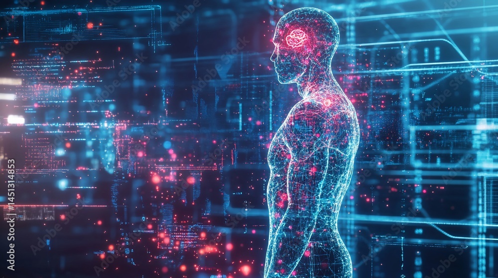 Poster futuristic digital human with brain interface and data stream overlay