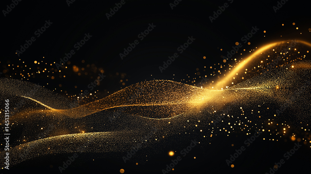 Poster golden flowing abstract: a mesmerizing digital rendering of shimmering golden particles, forming ele