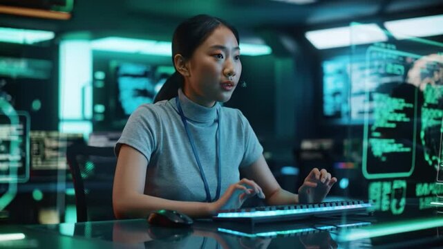 Young woman works at high-tech station with holographic displays