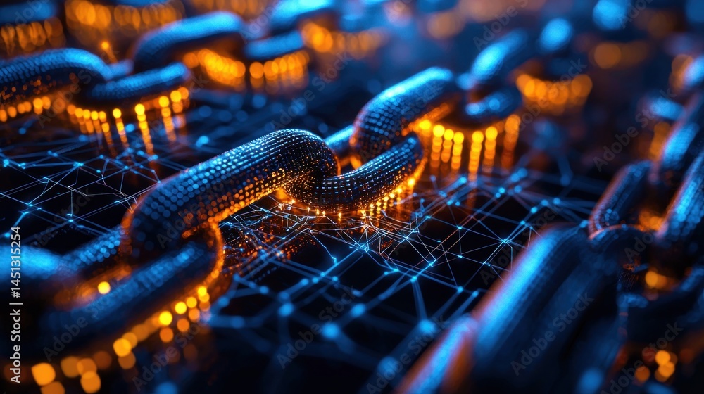 Poster illuminated digital chain links on a glowing network background