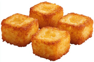 Golden crispy potato cubes stacked on a white plate, ready for serving at a casual meal