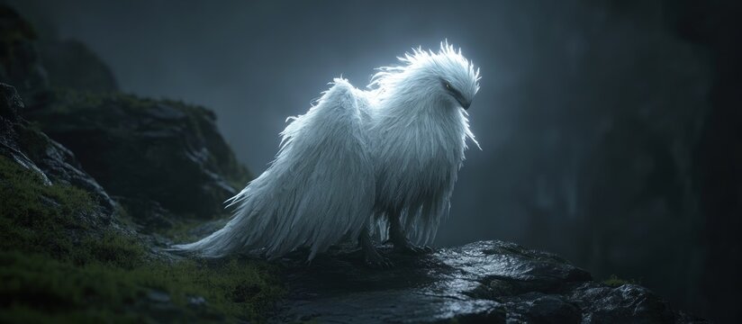 an ethereal creature with feathered plumage perched amidst a mys