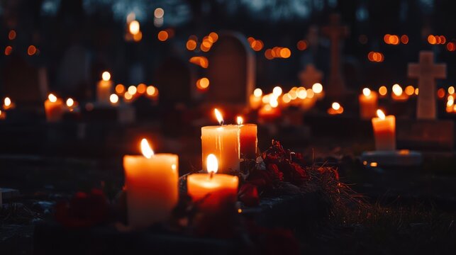 Candlelit graveside vigil illuminates a solemn remembrance in twilight ambience