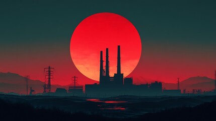 A conceptual poster featuring a massive red sun half-risen behind a stark black factory with minimal details, flat design with long shadows stretching toward the viewer, negative space usage.