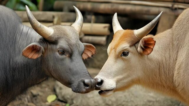 Two water buffalo close together, their noses touching affectionately in a rural landscape setting with foliage and a bamboo fence.