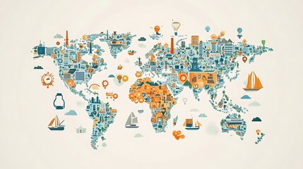 A flat world map design with outlined continents in light gray, overlaid with colorful icons of workers—nurse, engineer, farmer, builder—positioned across various countries,