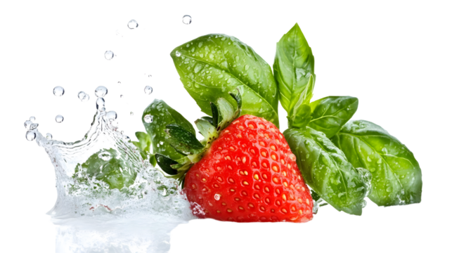 Fresh strawberry splashing in water with basil leaves, creating a vibrant scene ideal for culinary or health-related content
