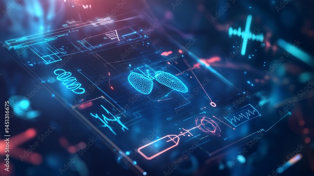 Poster futuristic medical interface depicting lungs and diagnostic data with intricate details and visualiz