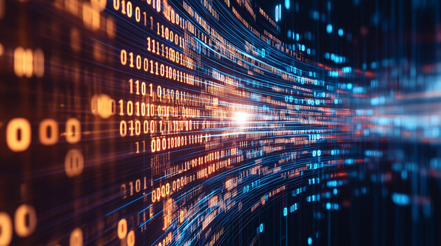 Digital Data Stream: Abstract view of a data stream, a digital river of information, flowing rapidly with binary code in a futuristic and technological environment.