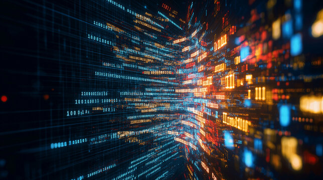 Digital Frontier: A dynamic visual of complex data streams cascading through an abstract digital space, reflecting technological advancement and data flow.