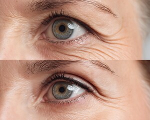 Obraz premium Compare before and after reducing wrinkles around the eyes. See the clear difference. White background.