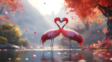 Romantic flamingo courtship dance forming a heart shape in serene autumn scene