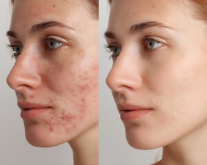 Compare the facial skin before and after acne treatment, clearly with clinic light, white background.