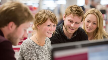 Obraz premium Group of young adults collaborating at a computer station.