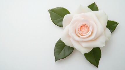 Fototapeta premium Elegant Creamy White Rose with Lush Green Leaves on White Background