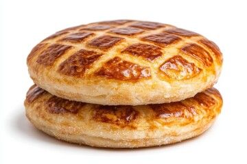 Golden-brown baked pastries stacked on a white background, showcasing delicious texture