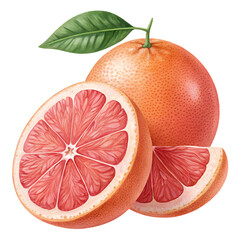 Juicy Grapefruit with Leaf: A visually appealing, digitally illustrated depiction of a halved and sliced grapefruit with a single leaf.