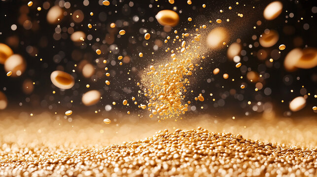 Golden Grains' Cascade: A captivating macro photograph showcases a dramatic descent of golden grains, creating a visual symphony of texture and motion.