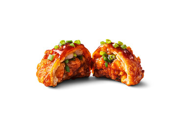 Fried Chicken Momos Cut Open with Juicy Filling, Crispy Dumplings, South Asian Street Food, Tasty Chicken Momos, PNG Isolated

