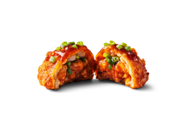 Fried Chicken Momos Cut Open with Juicy Filling, Crispy Dumplings, South Asian Street Food, Tasty Chicken Momos, PNG Isolated

