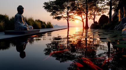 Serenity in Reflection: A serene and tranquil scene unfolds with a meditative statue reflecting gracefully in the calm water. Sunlight bathes the scene, enhancing the peaceful ambiance. 