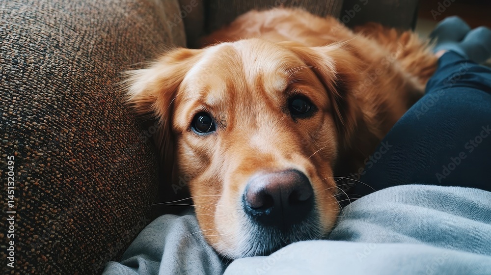 Poster close-up view of a golden retriever resting on a couch.
