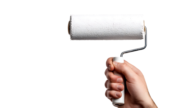 Hand holding paint roller handle, isolated on transparent background.