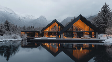 Fototapeta premium Modern Mountain Home: A sleek modern home with a dramatic A-frame design, nestled amidst a snowy mountain landscape and reflecting in a crystal-clear lake.