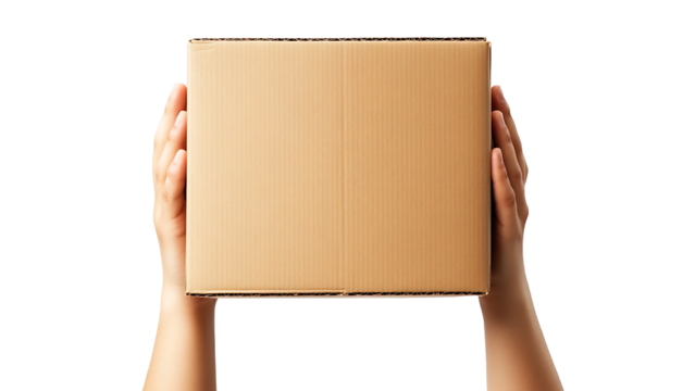 A person holding an empty cardboard box. Transparent background.