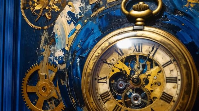 Antique Pocket Watch with Exposed Gears on Abstract Blue and Gold Background
