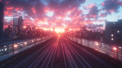 Fototapeta premium Dramatic sunset over urban railway tracks with vibrant colors and city silhouette.