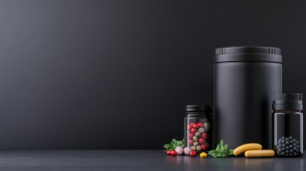 Fototapeta premium Black Supplements Containers with Colorful Pills and Capsules on Dark Background