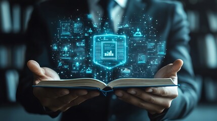 Businessman in formalwear engaging with a floating digital law icon glowing blue, surrounded by softly blurred images of courtroom scenes and a lawyer profile,