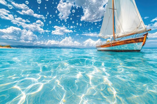 Sailboat in a vibrant turquoise sea.  Clouds with bubbles