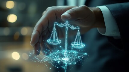 High-resolution business scene showing a close-up of a hand about to touch a digital floating justice scale, while an Indian lawyer in professional attire observes in the background, subtly blurred.