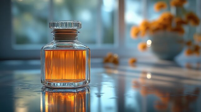 Elegant Glass Bottle Filled with Amber Liquid Displayed on Table Near Window