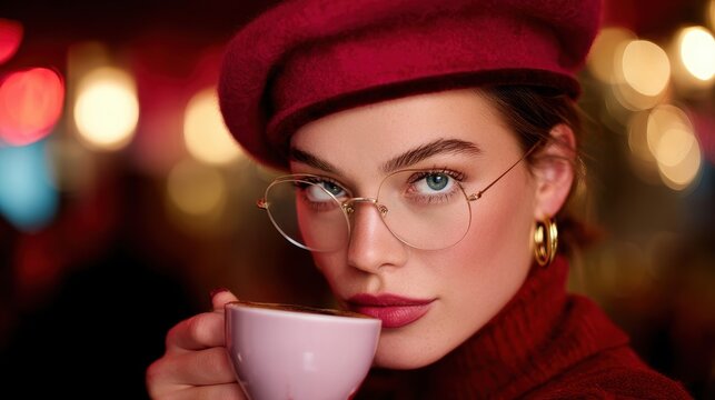 Stylish woman sipping coffee in a cozy cafe setting.