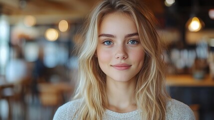 Obraz premium Portrait of a serene and charming young woman with blonde hair indoors
