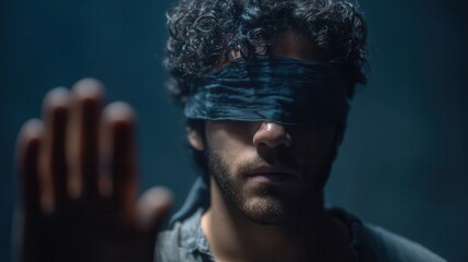 Close-up portrait of a person with a blindfold.