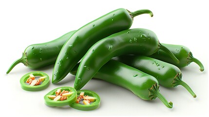 green hot chili peppers with slices isolated on white background HD 8K wallpaper Photographic Image