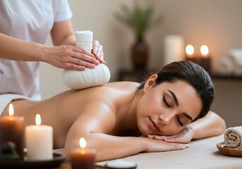 Woman enjoying a soothing herbal compress massage in a serene spa setting. Soft candlelight and gentle ambiance enhance relaxation