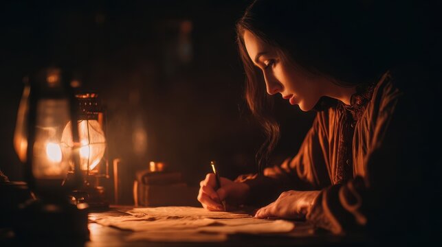 Woman writing by a kerosene lamp in a dimly lit room.
